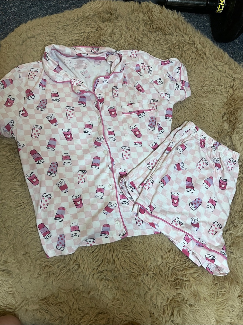 Derek Heart Pink & White Checkered Short Pajama Set with Coffee Cup Print